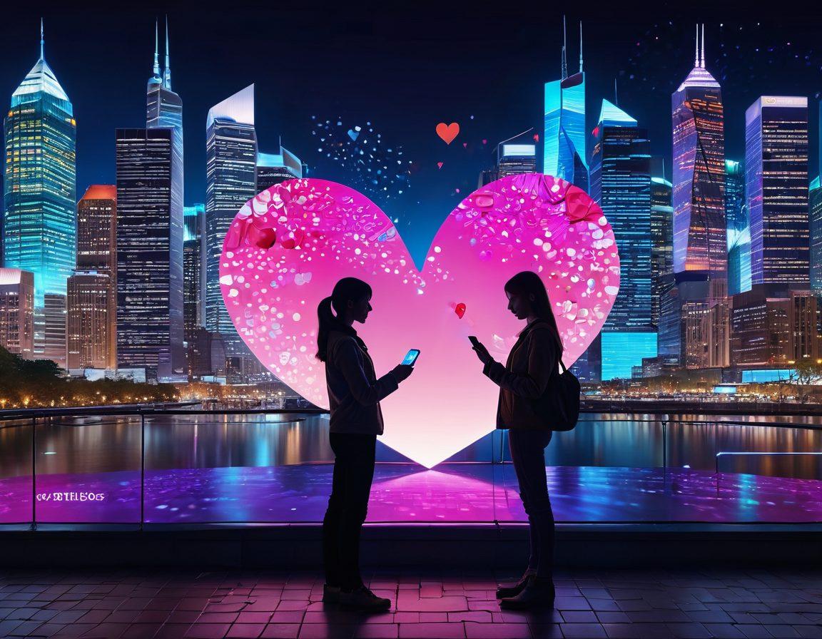 A romantic scene featuring a couple exchanging digital tokens symbolizing love, set against a backdrop of vibrant fintech-themed cityscape with digital screens displaying heart motifs. Include elements like smartphones displaying hearts and a glowing digital wallet. The atmosphere should evoke warmth and connection, blending technology with romance. vibrant colors. super-realistic.