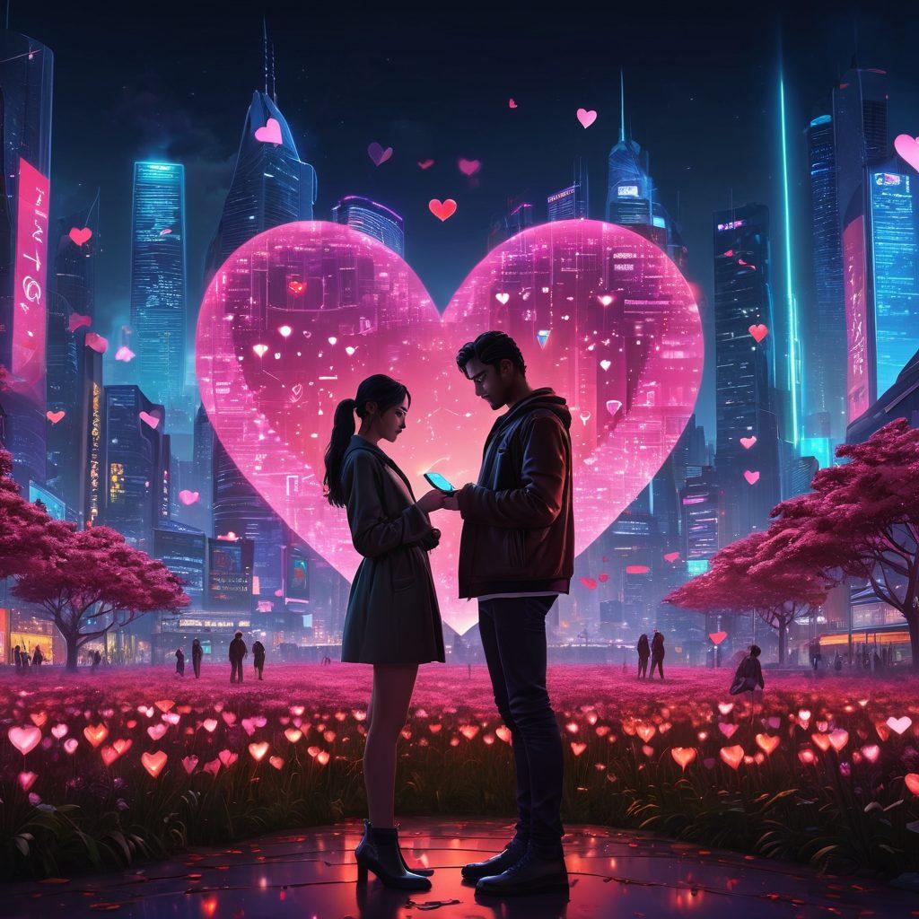 A modern couple exchanging digital love notes on their smartphones, surrounded by floating hearts and currency symbols in a vibrant, tech-infused landscape. Incorporate a blend of traditional romance elements, such as flowers and candles, but represented in digital forms like augmented reality. The background features a city skyline with glowing screens depicting love and business transactions. super-realistic. vibrant colors. cyberpunk.