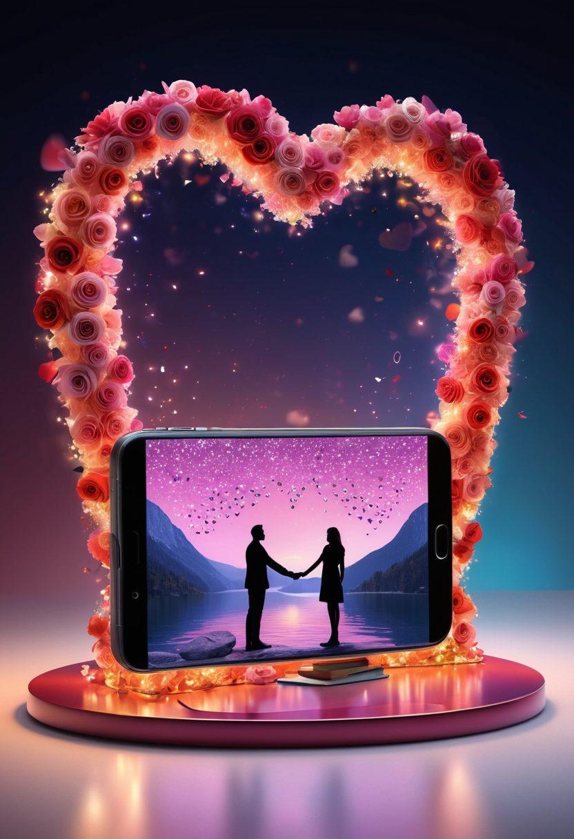 A heart-shaped digital wallet illuminated with shimmering lights, surrounded by a cascade of romantic symbols like roses and hearts. In the background, silhouettes of couples using their smartphones, symbolizing modern romance and digital transactions. The scene conveys warmth and intimacy, blending technology with love. vibrant colors. super-realistic.